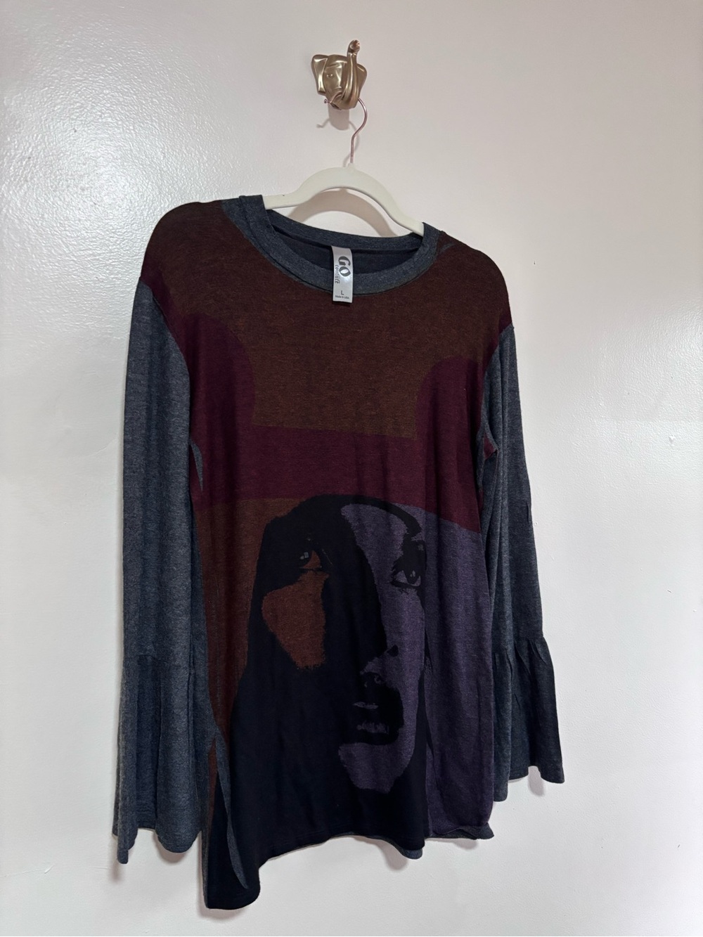 Go Couture Crewneck Sweater with Bell Sleeves and Graphic Face